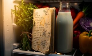 Illustration von einem geöffneten Kühlschrank, in dessen Tür ein beschriebenes Notizbuch zwischen Lebensmitteln steckt.