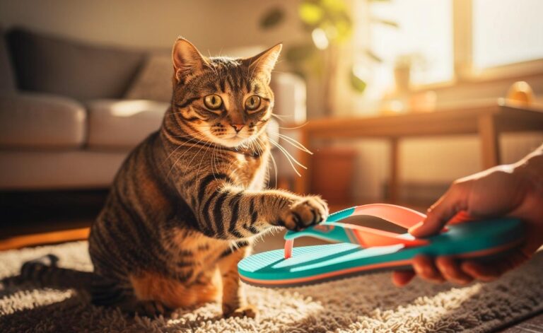 Illustration von einer Katze, die auf ein Kommando hin mit ihrer Pfote einen bunten Flip-Flop berührt, während eine Hand im Hintergrund einen zweiten Flip-Flop hält.