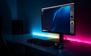 Illustration von einem modernen Computer-Arbeitsplatz mit einem Monitor, hinter dem eine farbige LED-Lichterkette leuchtet und die Wand in sanftes, indirektes Licht taucht.