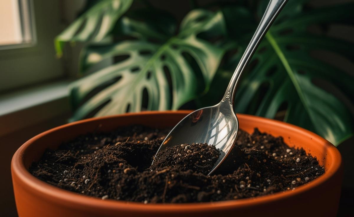Illustration von einem glänzenden Metalllöffel, der in der Erde eines üppig bepflanzten Blumentopfs steckt.