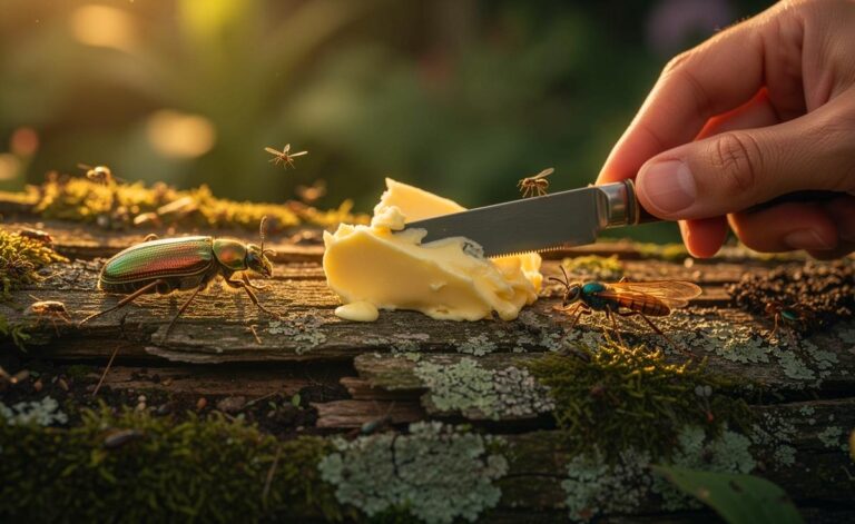 Illustration von einer Hand, die mit einem Messer Butter auf ein Stück morsches Stammholz streicht, umgeben von verschiedenen holzbewohnenden Insekten.