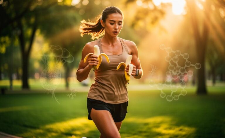 Illustration von einer Joggerin, die lächelnd eine halb geschälte Banane hält und die Schale betrachtet, während im Hintergrund stilisierte wissenschaftliche Diagramme die Nährstoffe der Schale darstellen.