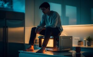 Illustration von einer Person, die nachdenklich auf einer in Betrieb befindlichen Mikrowelle in einer modernen Küche sitzt, während subtile Schwingungslinien vom Gerät ausgehen.