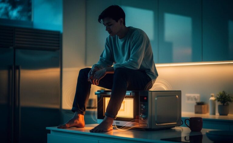 Illustration von einer Person, die nachdenklich auf einer in Betrieb befindlichen Mikrowelle in einer modernen Küche sitzt, während subtile Schwingungslinien vom Gerät ausgehen.