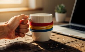 Illustration von einer mit bunten Gummibändern umwickelten Kaffeetasse, die auf einem Holztisch neben einer getrockneten Pflanze steht.