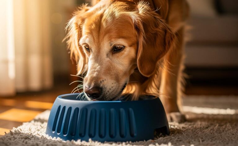 Illustration von einem älteren Hund, der mit konzentrierter Ruhe sein Futter aus einem blauen Anti-Schling-Napf mit erhabenen Rippen frisst.