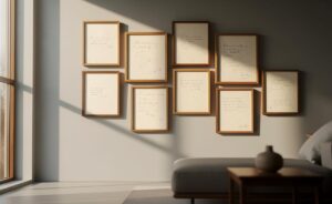 Illustration von einer minimalistischen Wohnzimmerwand mit mehreren Bilderrahmen, deren Rückseiten aus strukturiertem Papier oder mit dezenten Notizen sichtbar sind.